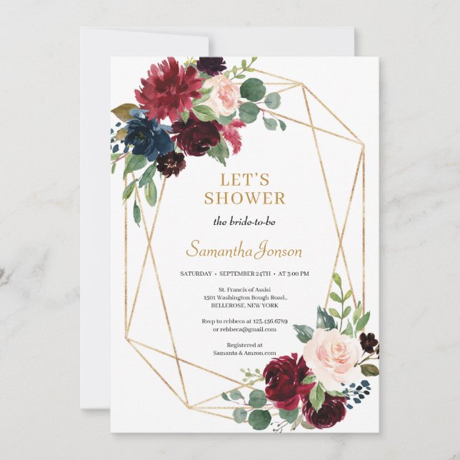 Invitation Douche de la mariée à fleurs de la marine bordeaux (Devant)