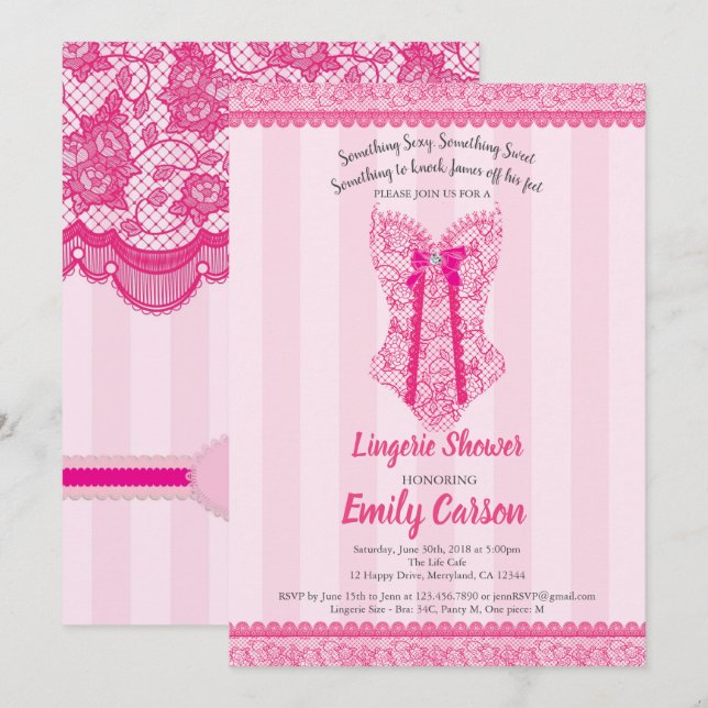 Invitation Douche de lingerie. Soirée de mariée rose-chaud (Devant / Derrière)