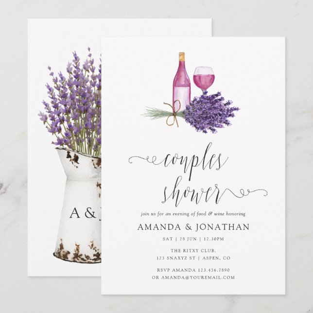 Invitation Douche de mariage couple Lavande Aquarelle Dégusta (Devant / Derrière)