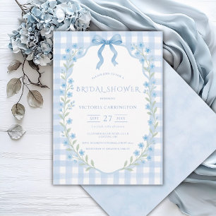 Invitation Douche de Mariage Florale à Carreaux Bleus Vintage