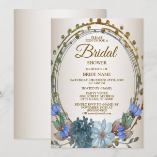 Invitation Douche de Mariée Bleue Florale Géométrique Dorée V
