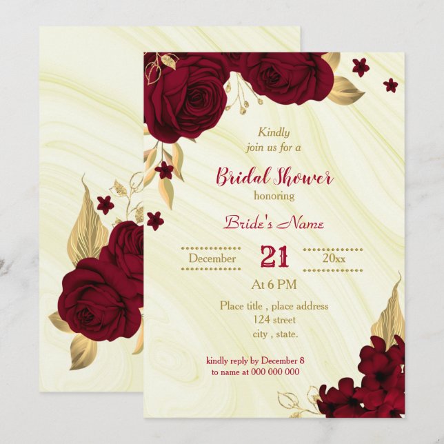 Invitation douche de mariée en marbre doré bordeaux (Devant / Derrière)