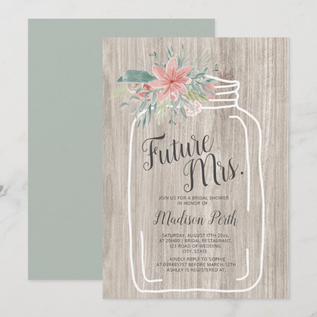 Invitation Douche de mariée en pot de mason à fleurs de bois  (Devant / Derrière)