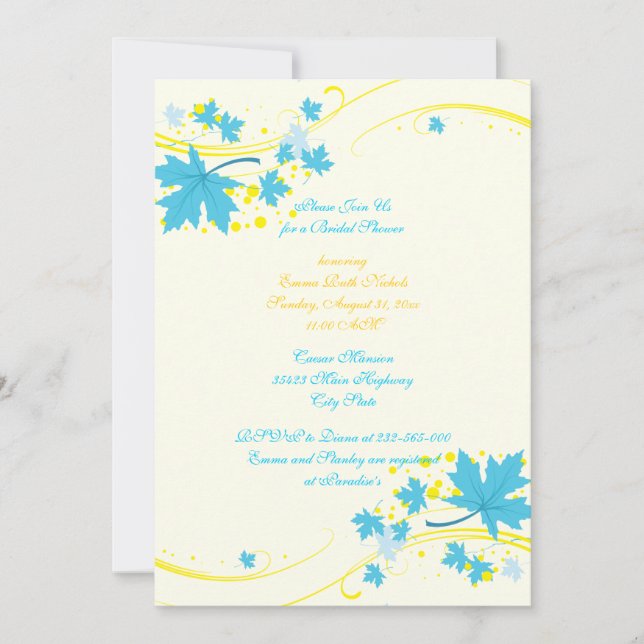 Invitation Douche de mariée jaune turquoise feuille (Devant)