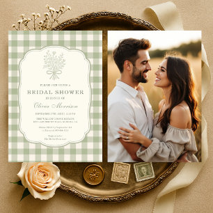 Invitation Douche de Mariée Photo Florale Gingham Vert Sauge