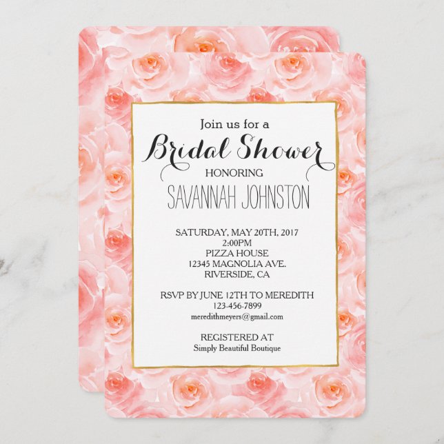 Invitation Douche de mariée Rose avec Pretty Blush Rose (Devant / Derrière)