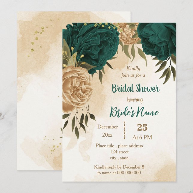Invitation douche de mariée vert émeraude beige or botanique (Devant / Derrière)