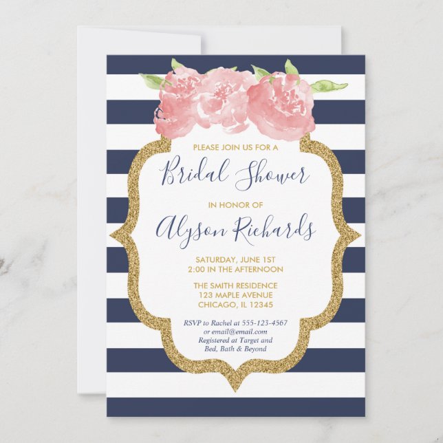Invitation Douche de nage marine bleu et rose floral (Devant)