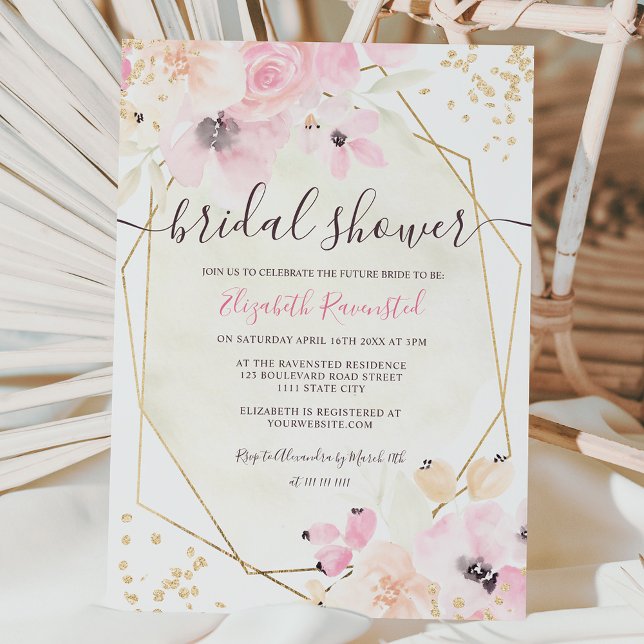 Invitation Douche douce pastel or floral aquarelle nuptiale (Créateur téléchargé)