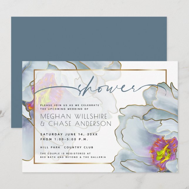 Invitation Douche Dusty Blue et Lilac Exotic Couple (Devant / Derrière)