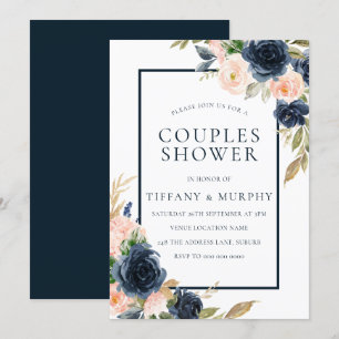 Invitation Douche élégante pour couples avec fleurs Navy & Bl