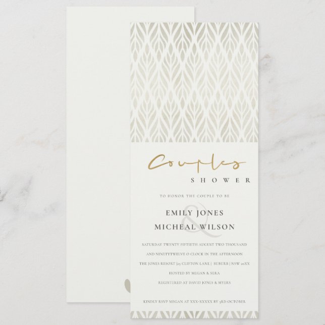 INVITATION DOUCHE EN ARGENT BLANC, ART DÉCO ET CHIC (Devant / Derrière)