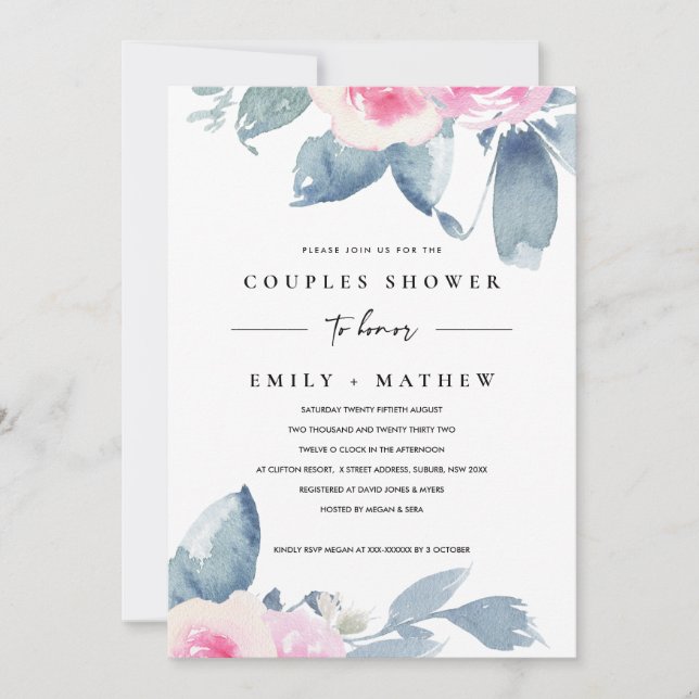 INVITATION DOUCHE EN COULEUR D'EAU FLORALE BLEU DOUX (Devant)