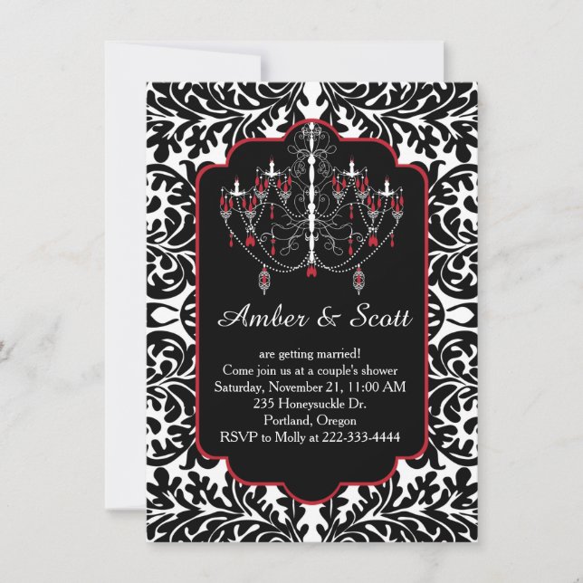 Invitation Douche en couple noir laqué damassé, lustre (Devant)