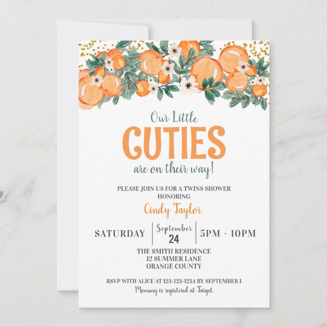 Invitation Douche été Twins, Baby shower Citrus orange (Devant)