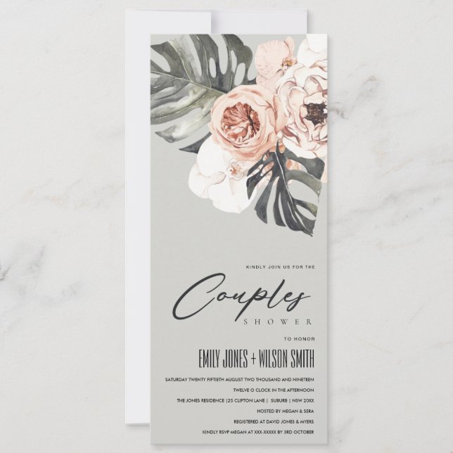 INVITATION DOUCHE FEUILLE DE MONSTERA FLORALE GRISE (Devant)
