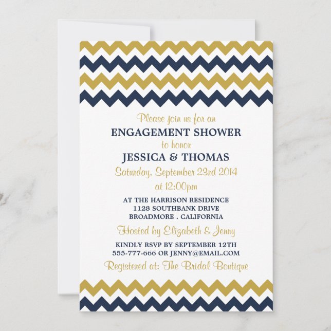 Invitation Douche Fiançailles moderne Marine & Gold Chevron (Devant)