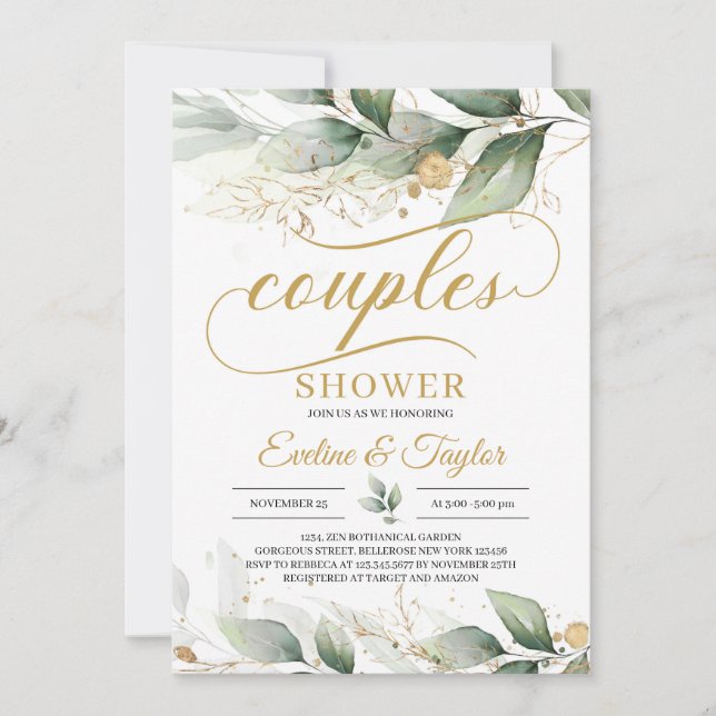 Invitation Douche fleurie à l'eucalyptus doré vert (Devant)