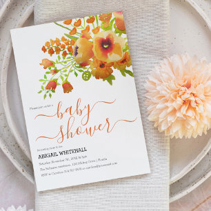 Invitation Douche Florale Aquarelle Orange Automne Élégante