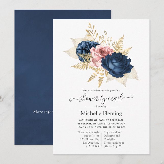 Invitation Douche florale blush, marine et or par courrier (Devant / Derrière)