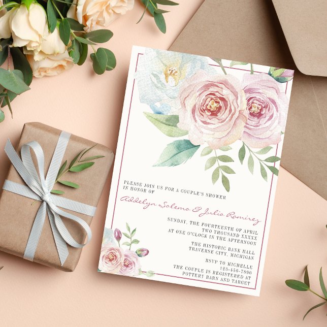 Invitation Douche Florale Romantique Vert doux Couples Mauve  (Créateur téléchargé)