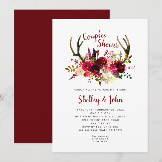 Invitation Douche florale rustique de couples de Boho Antler (Devant / Derrière)