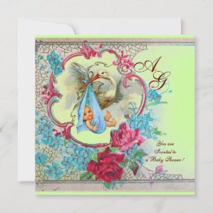 INVITATION DOUCHE GARÇON STORK BÉBÉ AVEC ROSES ET FLEURS BLEU