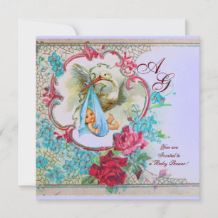 INVITATION DOUCHE GARÇON STORK BÉBÉ AVEC ROSES ET FLEURS BLEU