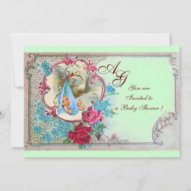 INVITATION DOUCHE GARÇON STORK BÉBÉ AVEC ROSES ET FLEURS BLEU (Devant)
