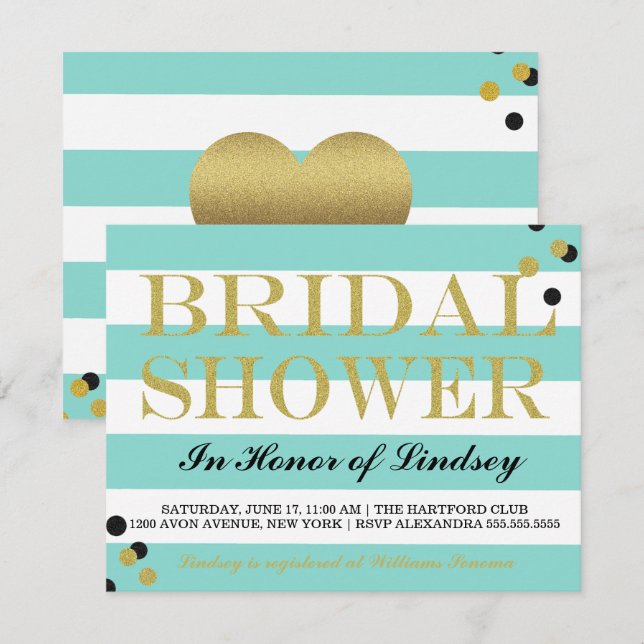 Invitation Douche Gold Heart Turquoise Blue Party (Devant / Derrière)