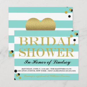 Invitation Douche Gold Heart Turquoise Blue Party