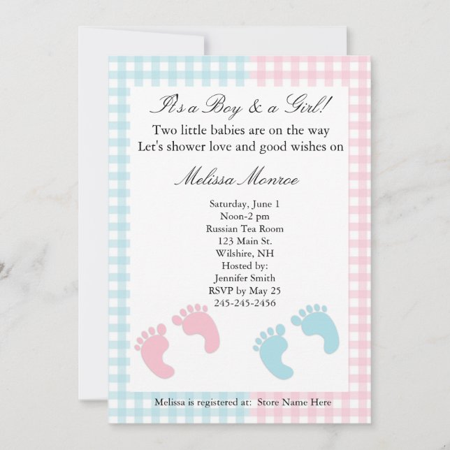 Invitation douche Jumeaux bleu et rose (Devant)