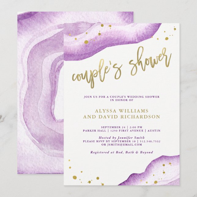 Invitation Douche Lavande d'aquarelle et couple d'oeode d'or (Devant / Derrière)