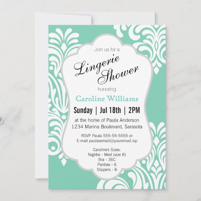 Invitation Douche Lingerie Damask Blanche (Devant)