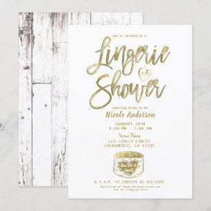 Invitation Douche lingerie en bois blanc rustique glam or