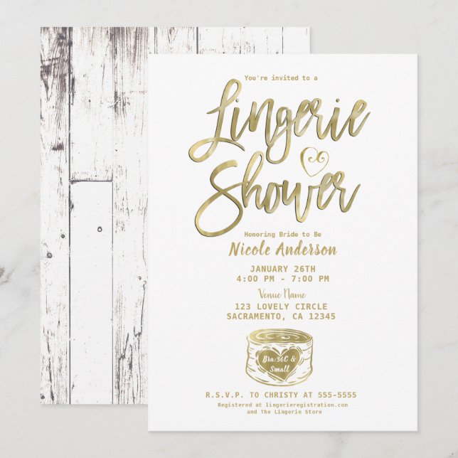 Invitation Douche lingerie en bois blanc rustique glamour or  (Devant / Derrière)