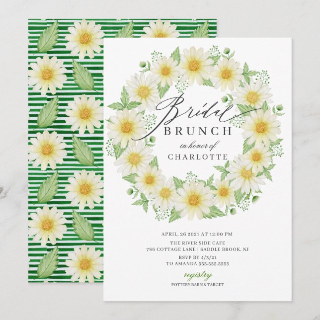 Invitation Douche marée marguerite, Brunch nuptial floral flo (Devant / Derrière)