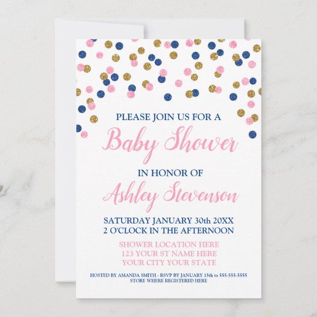 Invitation Douche neutre d'or de genre bleu rose de confettis (Dos)