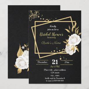 Invitation douche noire à fleurs blanche et dorée