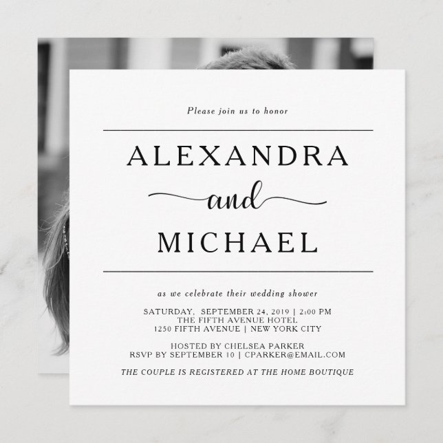 Invitation Douche noire et blanche minimaliste de couples de (Devant / Derrière)