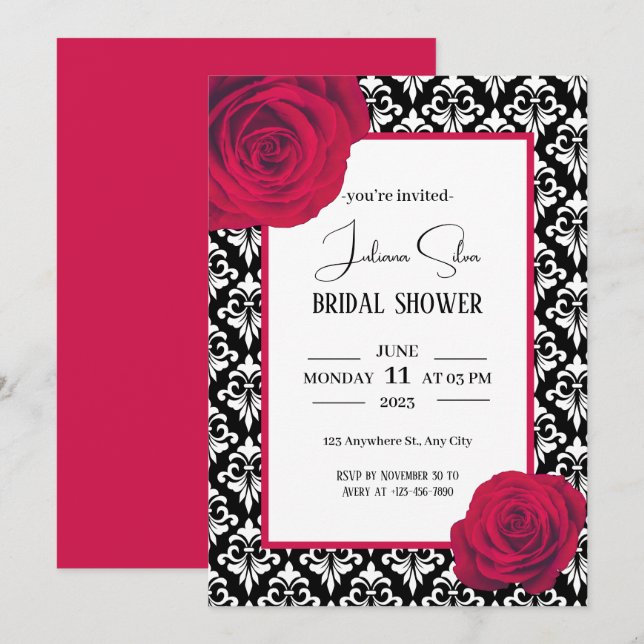 Invitation Douche noire rouge et blanche damassée (Devant / Derrière)