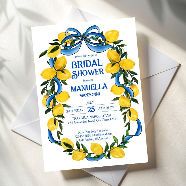 Invitation Douche nuptiale à arc bleu citron (Lemons blue bow ribbon coquette Italian summer bridal shower invitation template instant download)