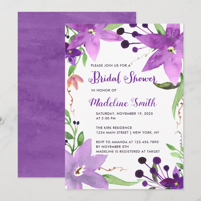 Invitation Douche nuptiale à cadre fleuri pourpre (Devant / Derrière)