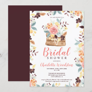 Invitation Douche-nuptiale à fleurs bordeaux de bois rustique