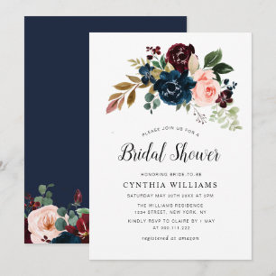 Invitation douche nuptiale à fleurs marine et bordeaux peint
