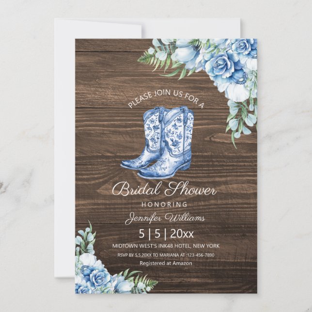 Invitation douche nuptiale bleu cowgirl bottes floral rustiqu (Devant)