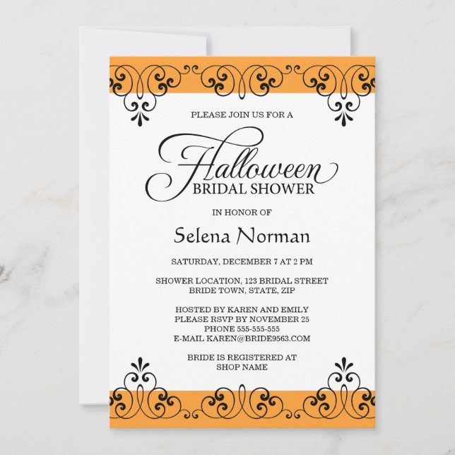 Invitation Douche nuptiale de Halloween de damassé orange (Devant)