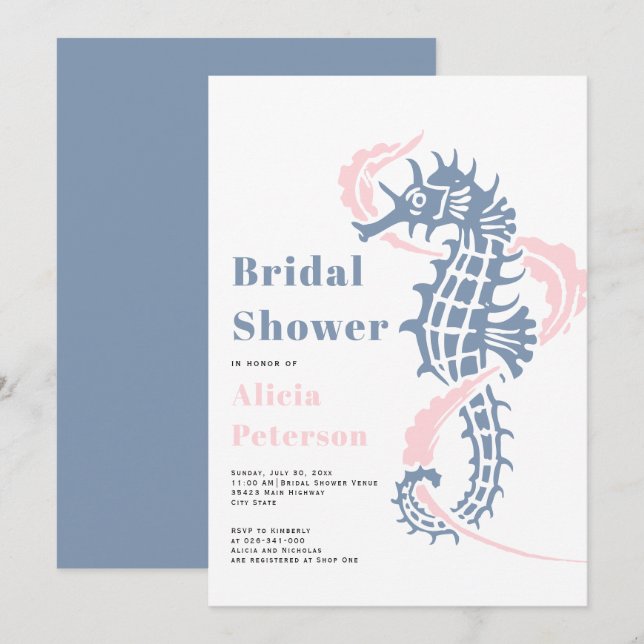 Invitation Douche nuptiale de plage de l'hippocampe bleu pous (Devant / Derrière)
