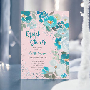 Invitation Douche nuptiale d'hiver rose bleu peint main