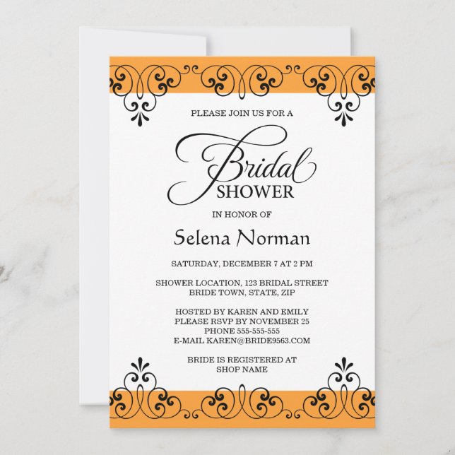 Invitation Douche nuptiale élégante de damassé orange et (Devant)